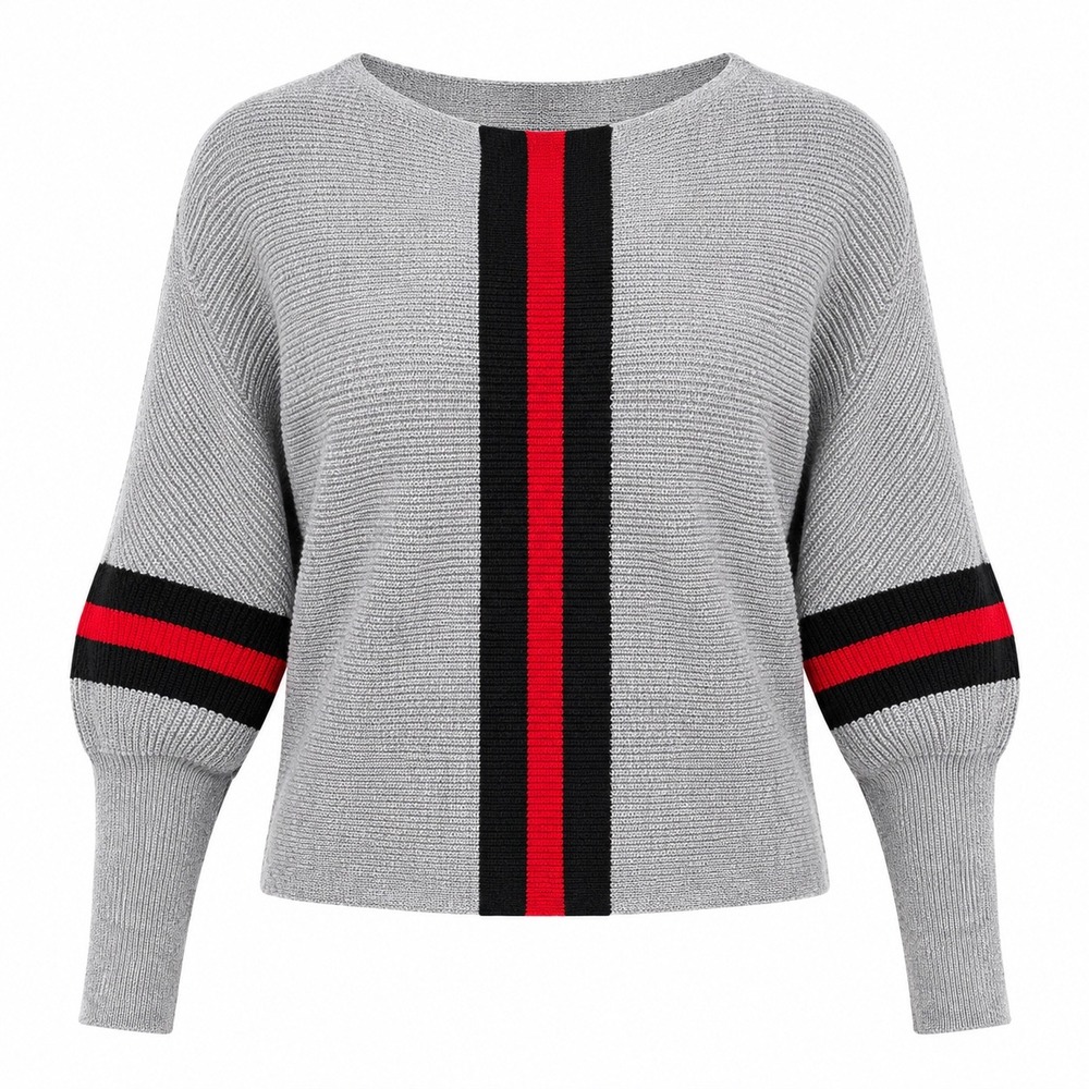 Ribbed Dolman Sleeve Sweater Racing Stripe Large preppy boxy edgy cozy knit gray
